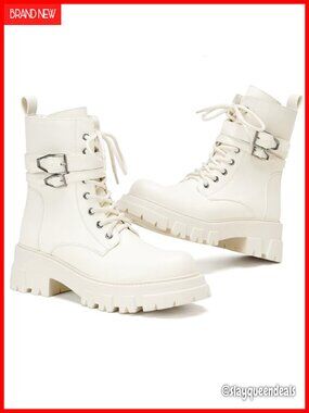 Women's Combat Boots Waterproof Vegan Leather Lug Sole Ankle Boot